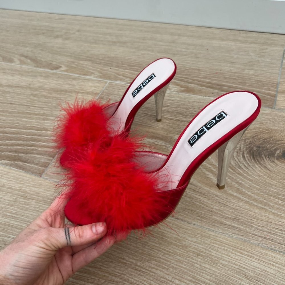 Vintage 1990's/Y2K Bebe Red Feather Heeled Mules - Picture 4 of 8